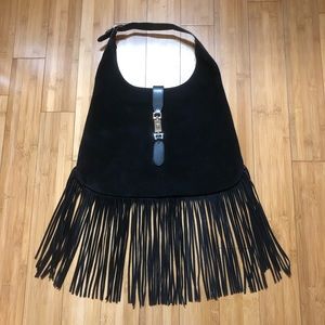 D2 Black Suede Boho Hobo Fringe Bag OS.